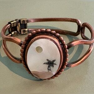 vintage copper or silver-tone hinged cuff bracelet  with mother-of-pearl inlay